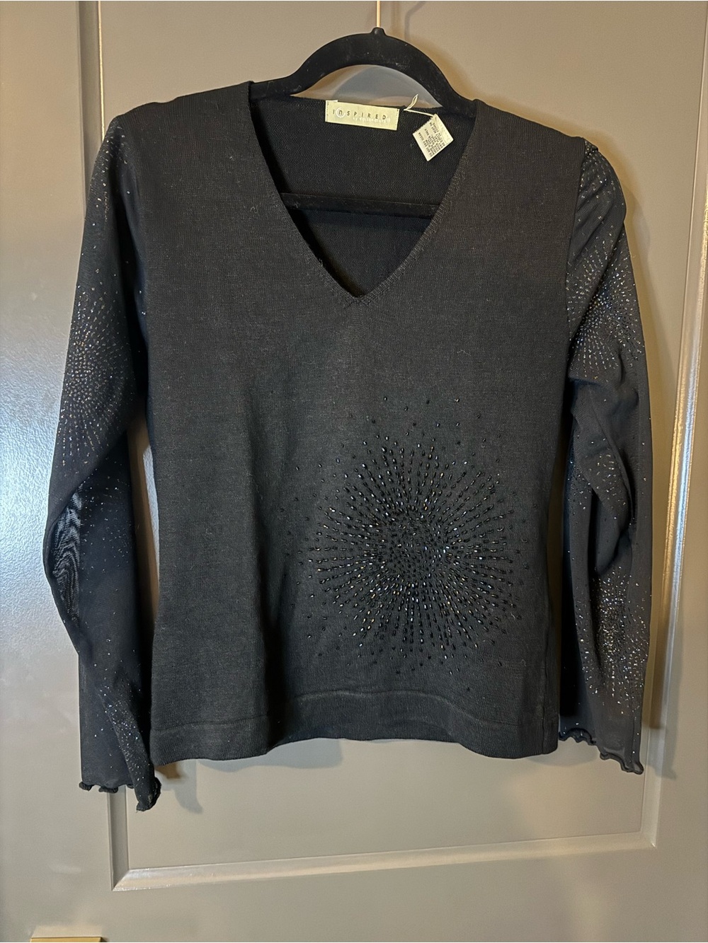 Black V-Neck Sweater with Sheer Sleeves with rhinestones and rhinestone design
